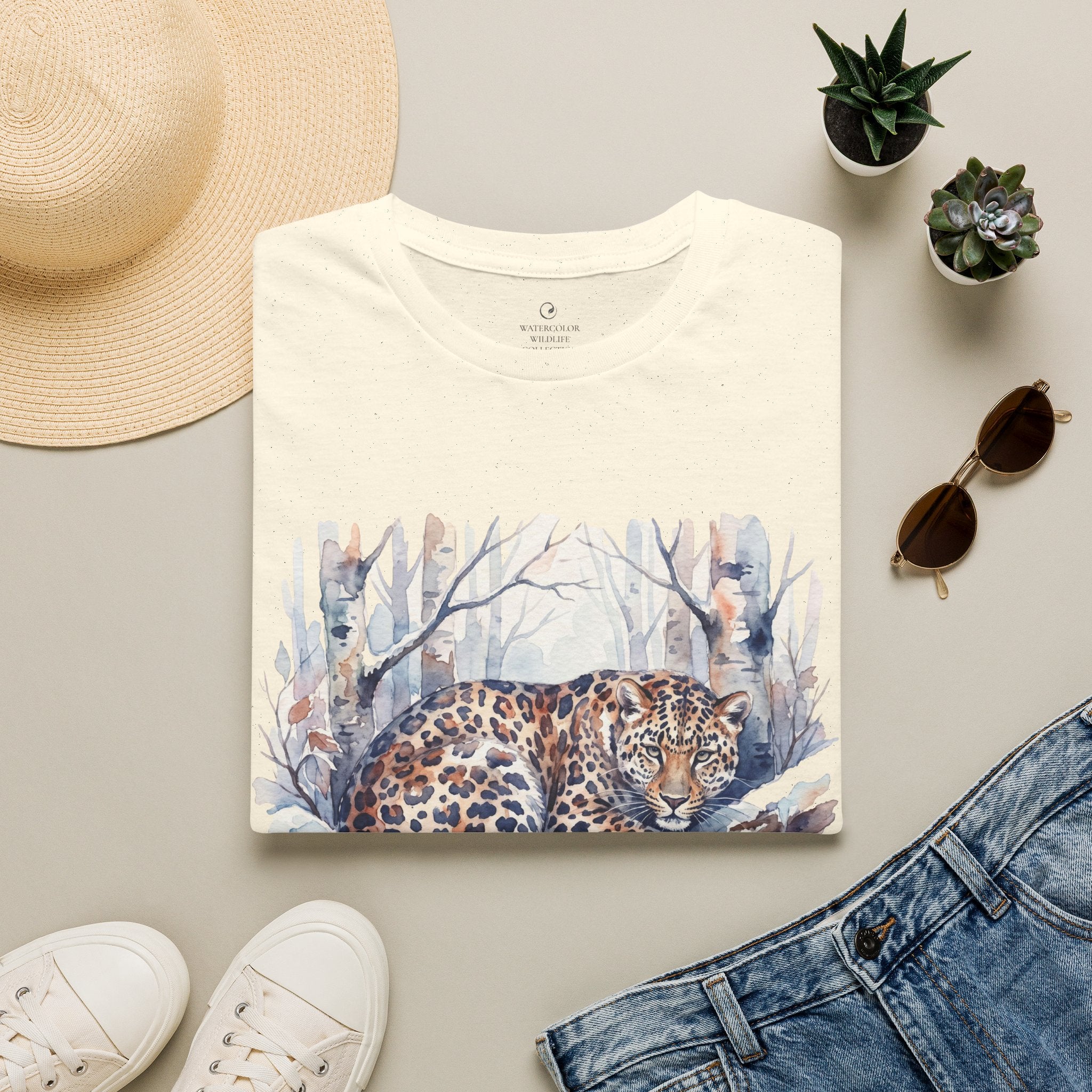 Leopard in Winter Forest T-Shirt — Watercolor Snow Leopard Graphic Tee