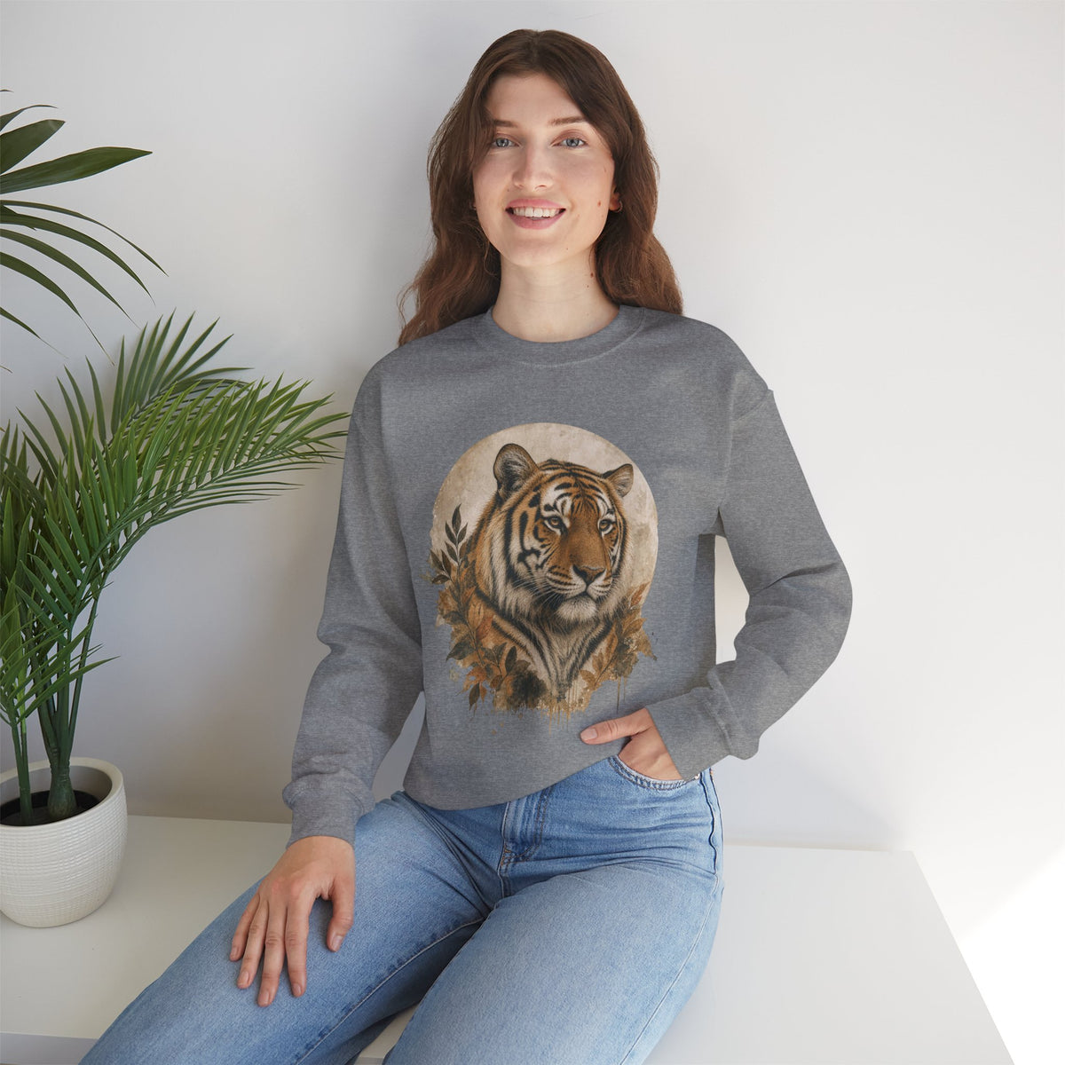 Tiger Big Cats Crewneck Sweatshirt — Vintage Wildlife Graphic in Heather Gray