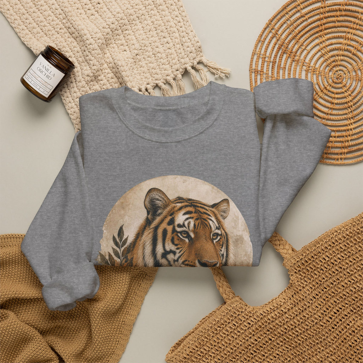 Tiger Big Cats Crewneck Sweatshirt — Vintage Wildlife Graphic in Heather Gray
