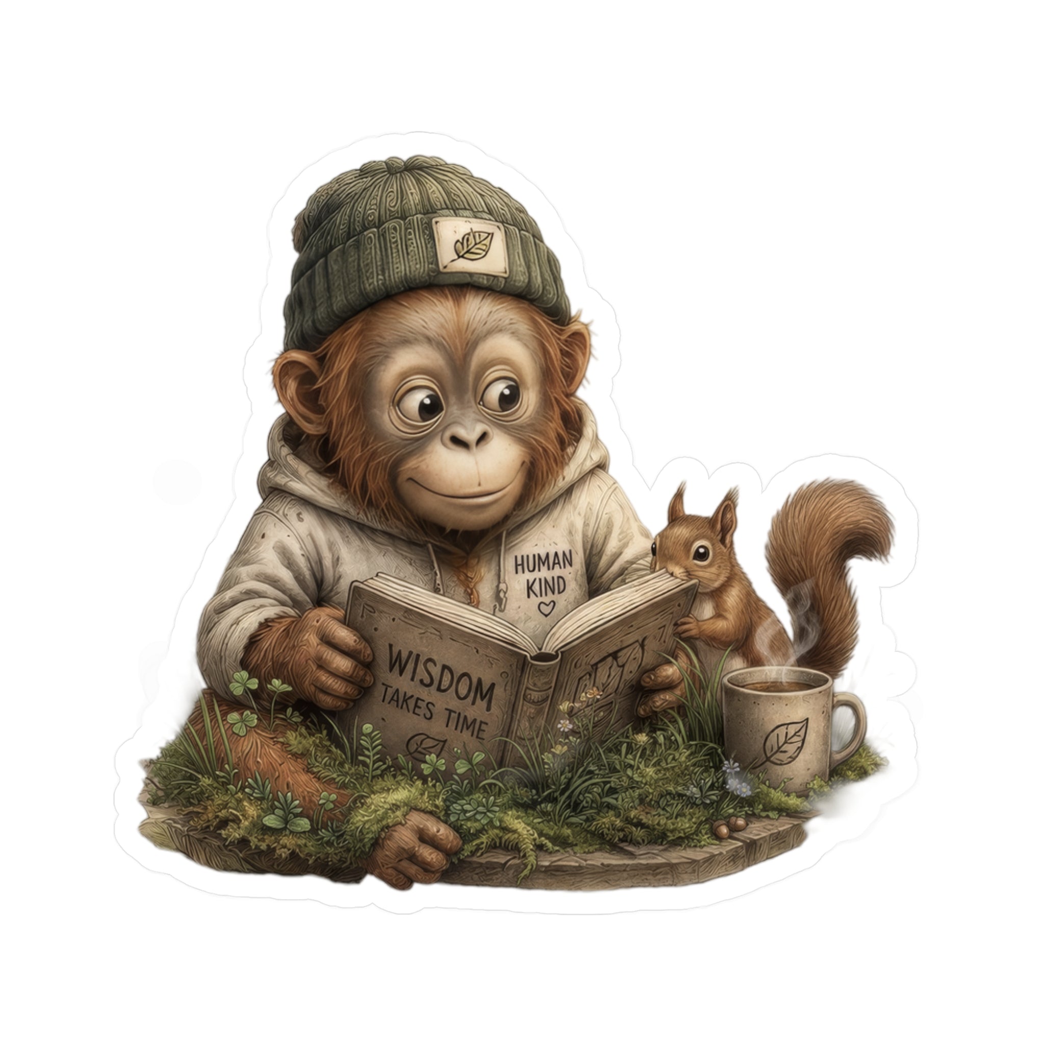 Sticker — Reading Baby Orangutan with Squirrel Vinyl Kiss-Cut Sticker