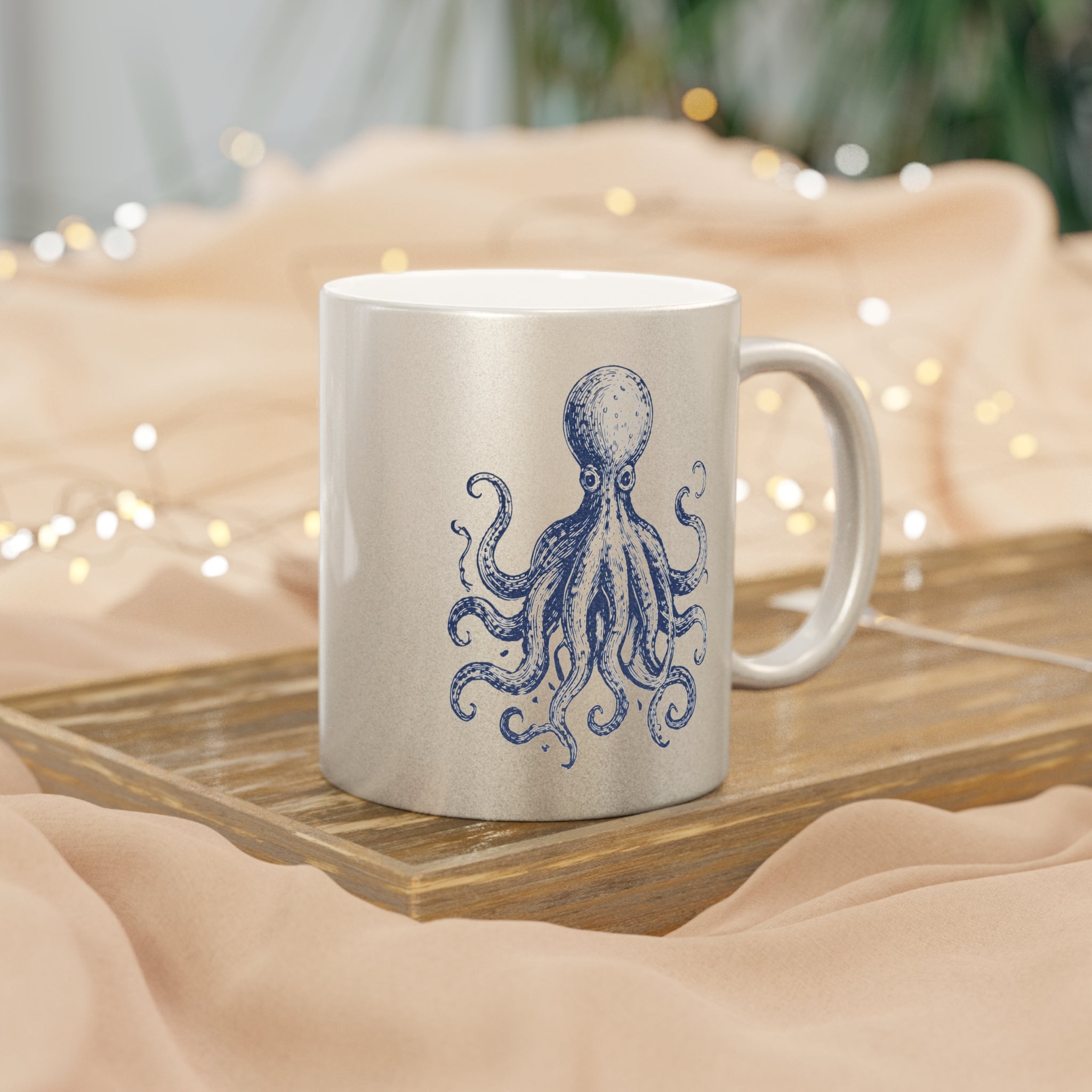 Metallic Octopus Ocean Neighbors Mug — Silver Shimmer Coffee Cup