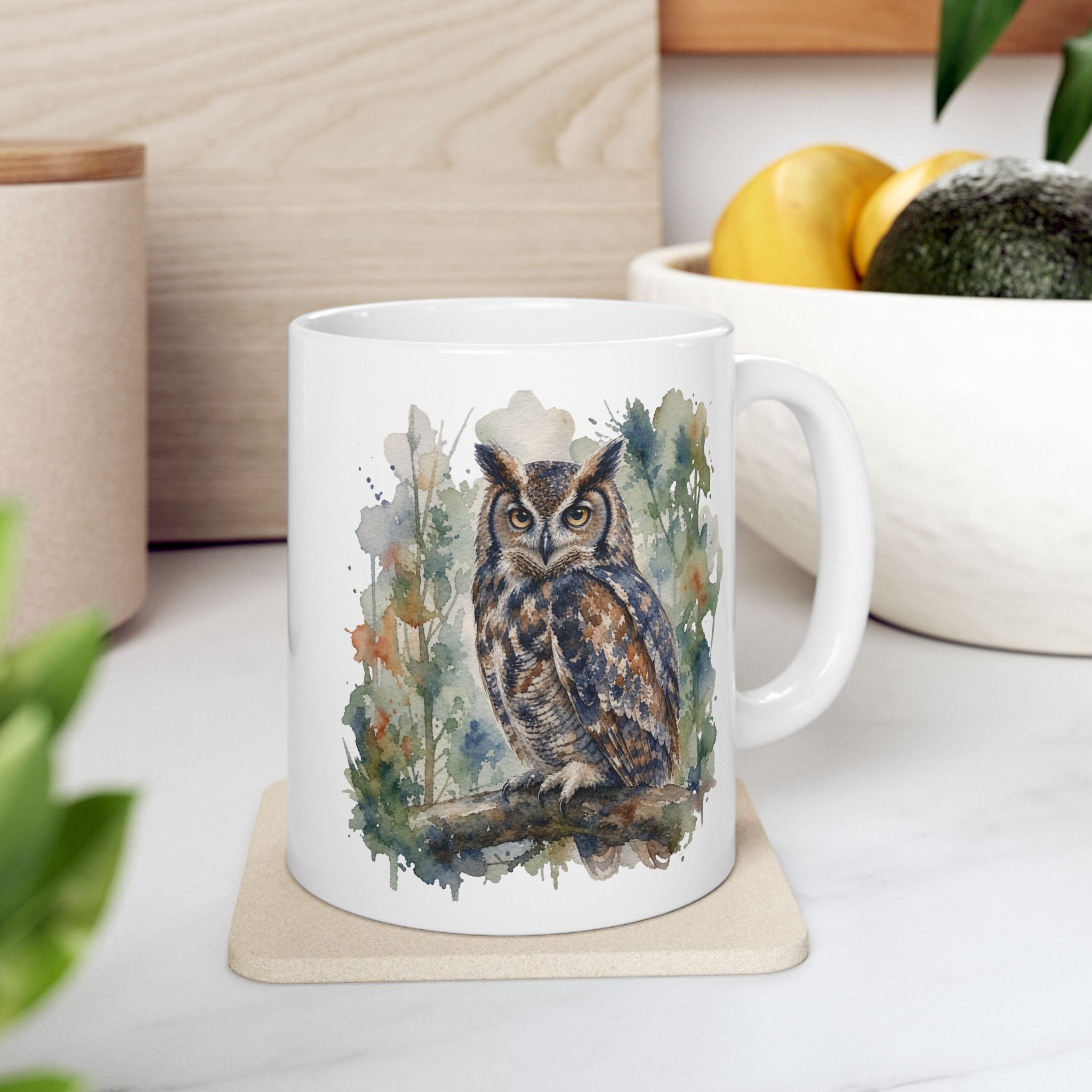 Watercolor Owl Ceramic Mug — Nature-Inspired Coffee Cup 11oz,