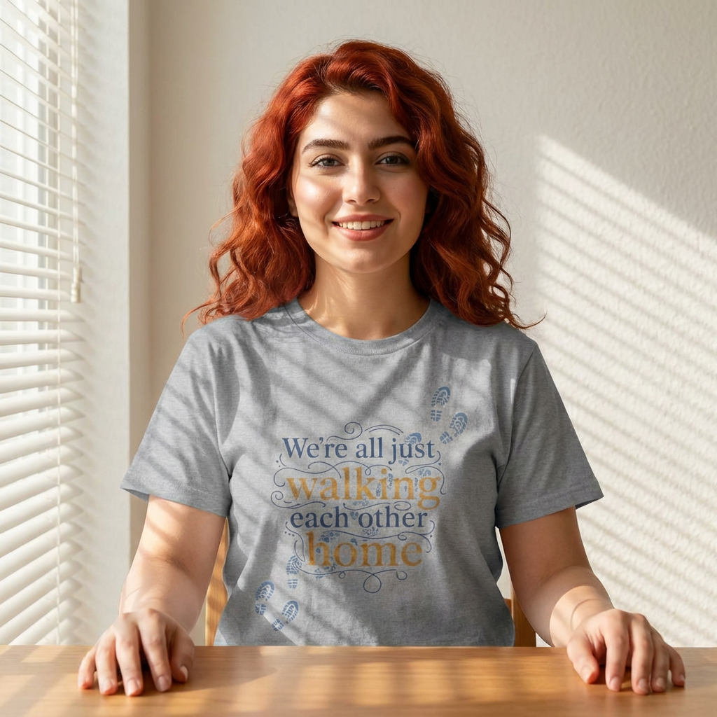 Walking Each Other Home Tee — Inspirational Quote T-Shirt with Footprint Design