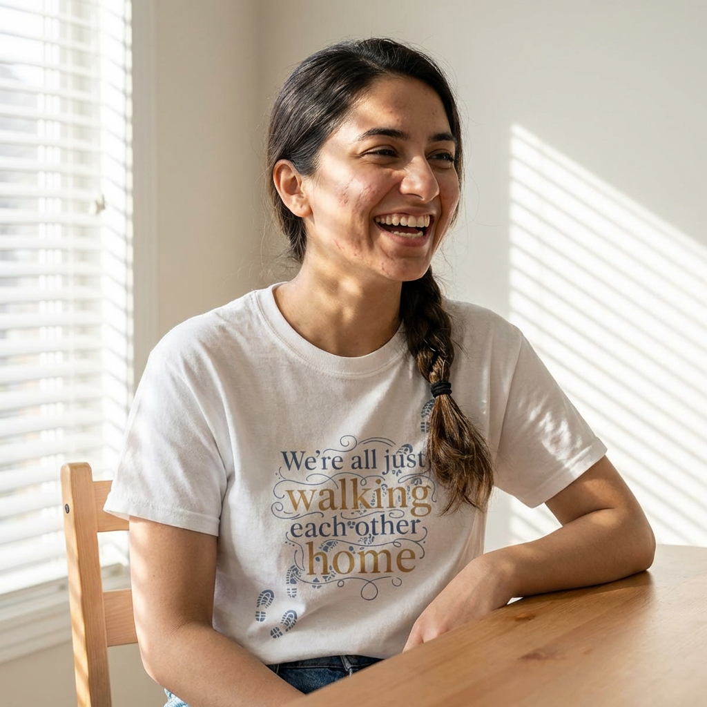 Walking Each Other Home Tee — Inspirational Quote T-Shirt with Footprint Design