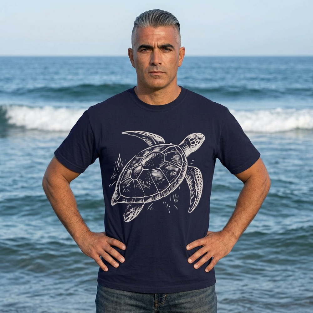 A man standing on a beach wearing a navy blue t-shirt with a white sea turtle graphic on the front, paired with blue jeans.