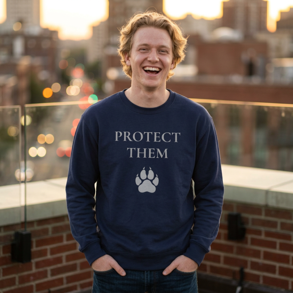 A man smiling on a rooftop at sunset wearing a navy blue crewneck sweatshirt with the text 'PROTECT THEM' and a white paw print graphic on the front.