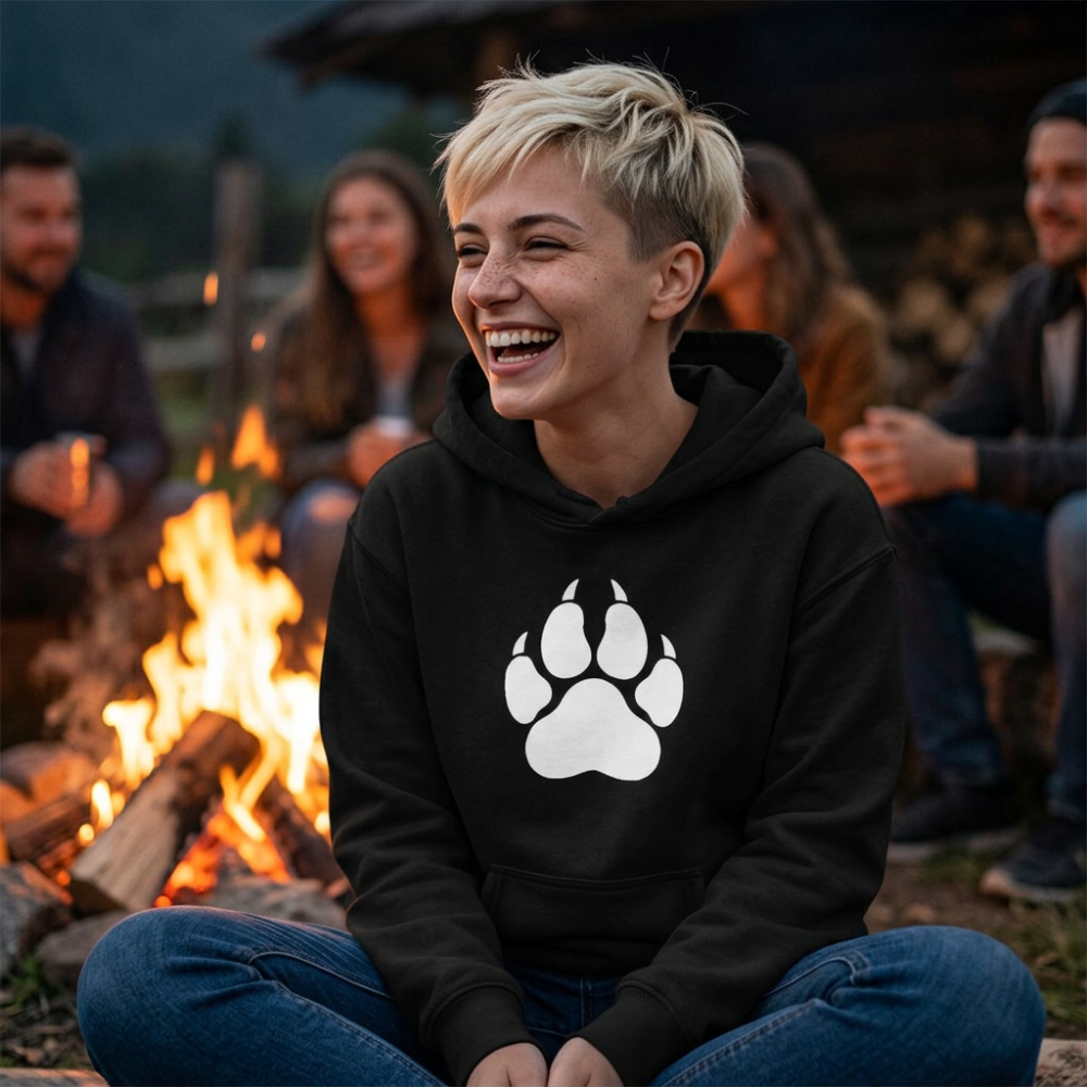 person sitting by a campfire wearing a black hoodie with a large white paw print graphic on the chest, with blurred people and a fire in the background.