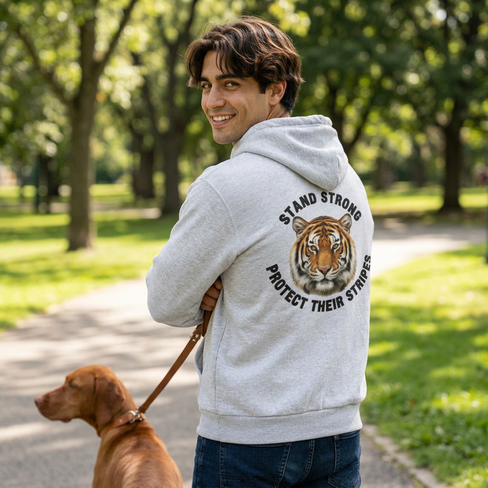 A man in a light gray hoodie with a tiger graphic and the text 'STAND STRONG PROTECT THEIR STRIPES' on the back, standing in a park with a brown dog on a leash.