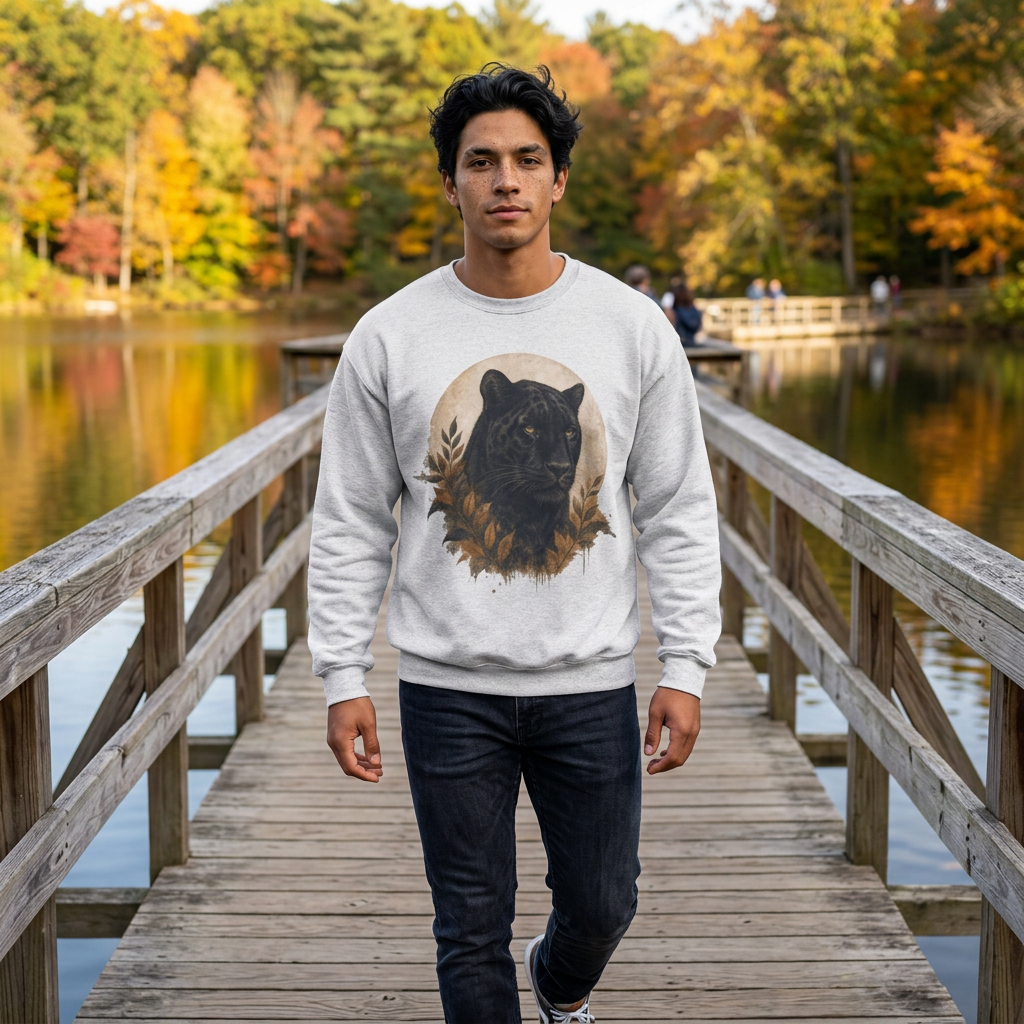 A man walking on a wooden boardwalk over a lake, wearing a light gray crewneck sweatshirt with a black bear graphic and dark jeans.