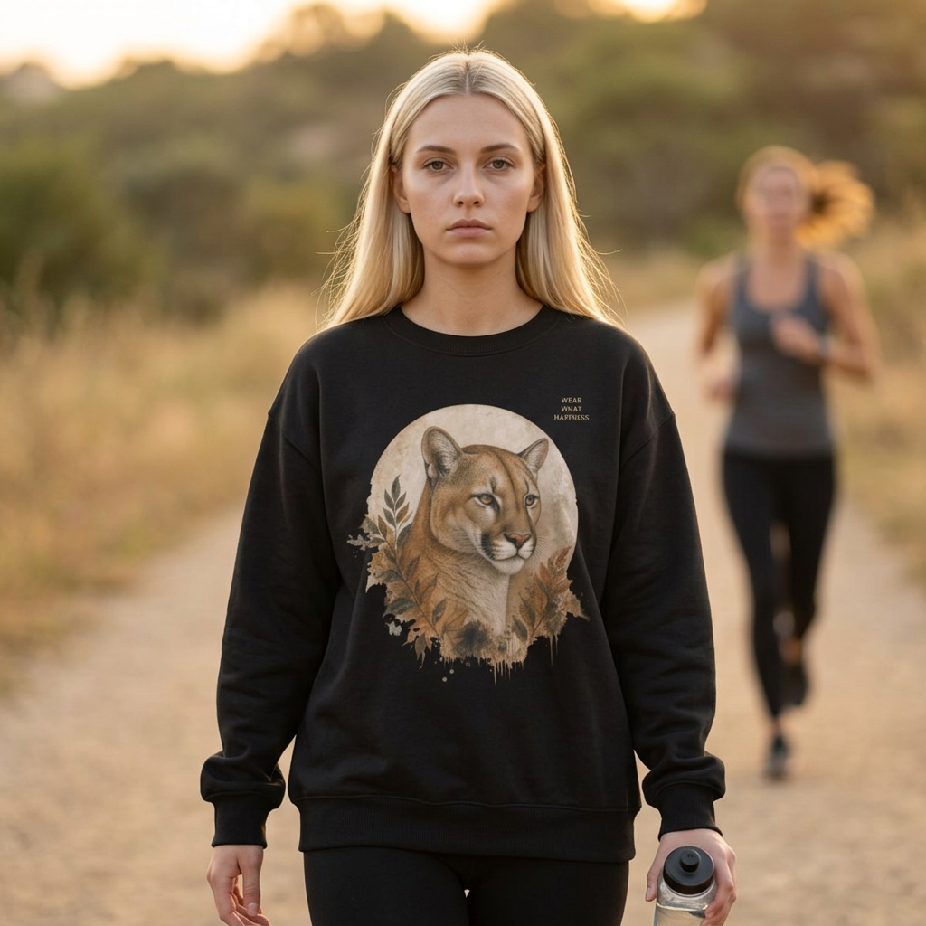 A woman stands on a dirt trail outdoors wearing a black crewneck sweatshirt with a large graphic of a mountain lion in a circle on the front. Another woman is blurred in the background running on the same path.