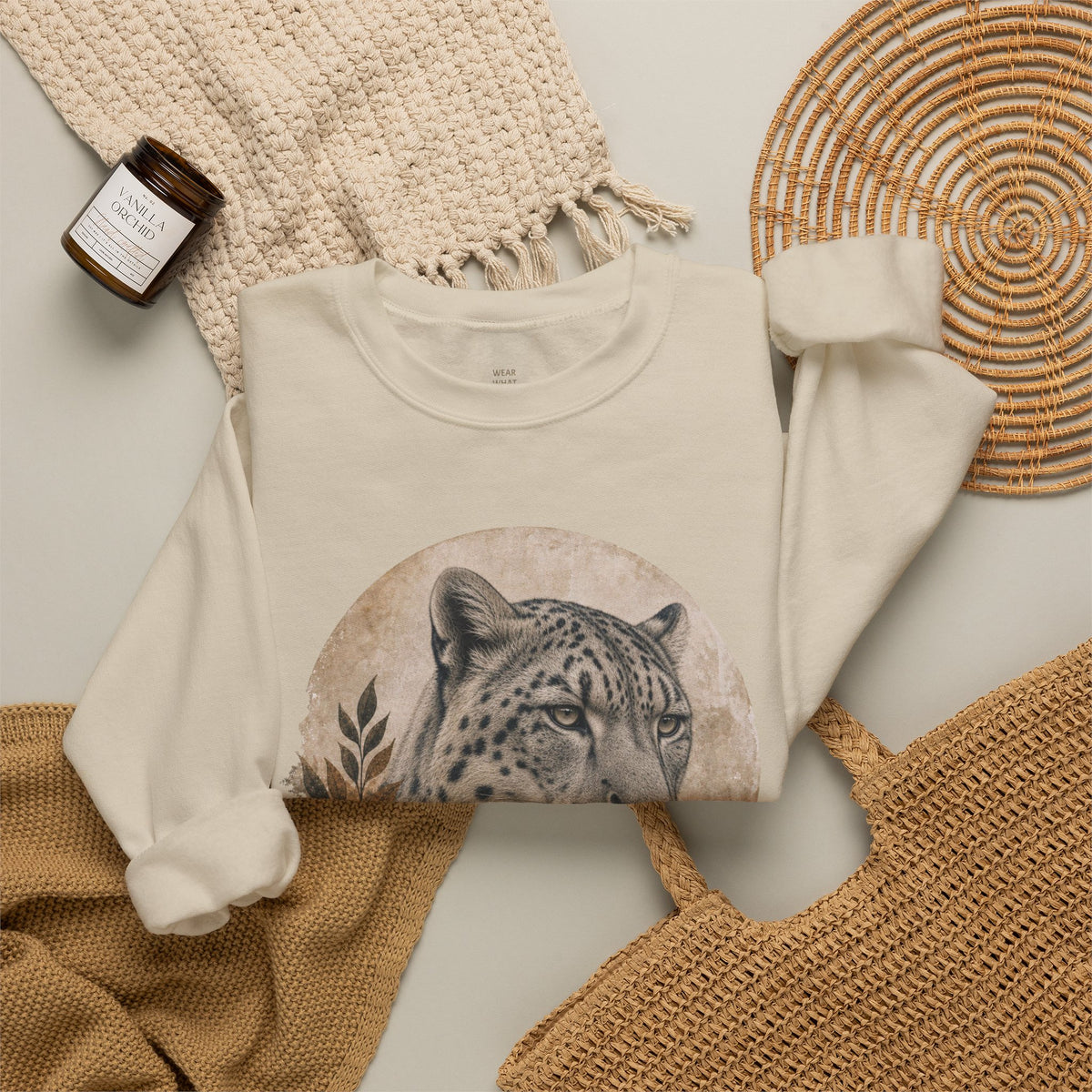Snow Leopard Big Cats Crewneck Sweatshirt — Wildlife Graphic in Sand