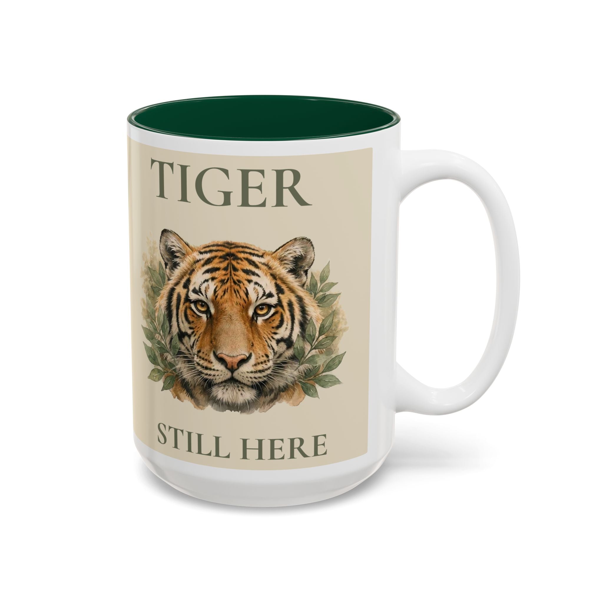 Tiger Portrait Two-Tone Accent Mug — "Tigers Still Exist" Conservation Coffee Cup