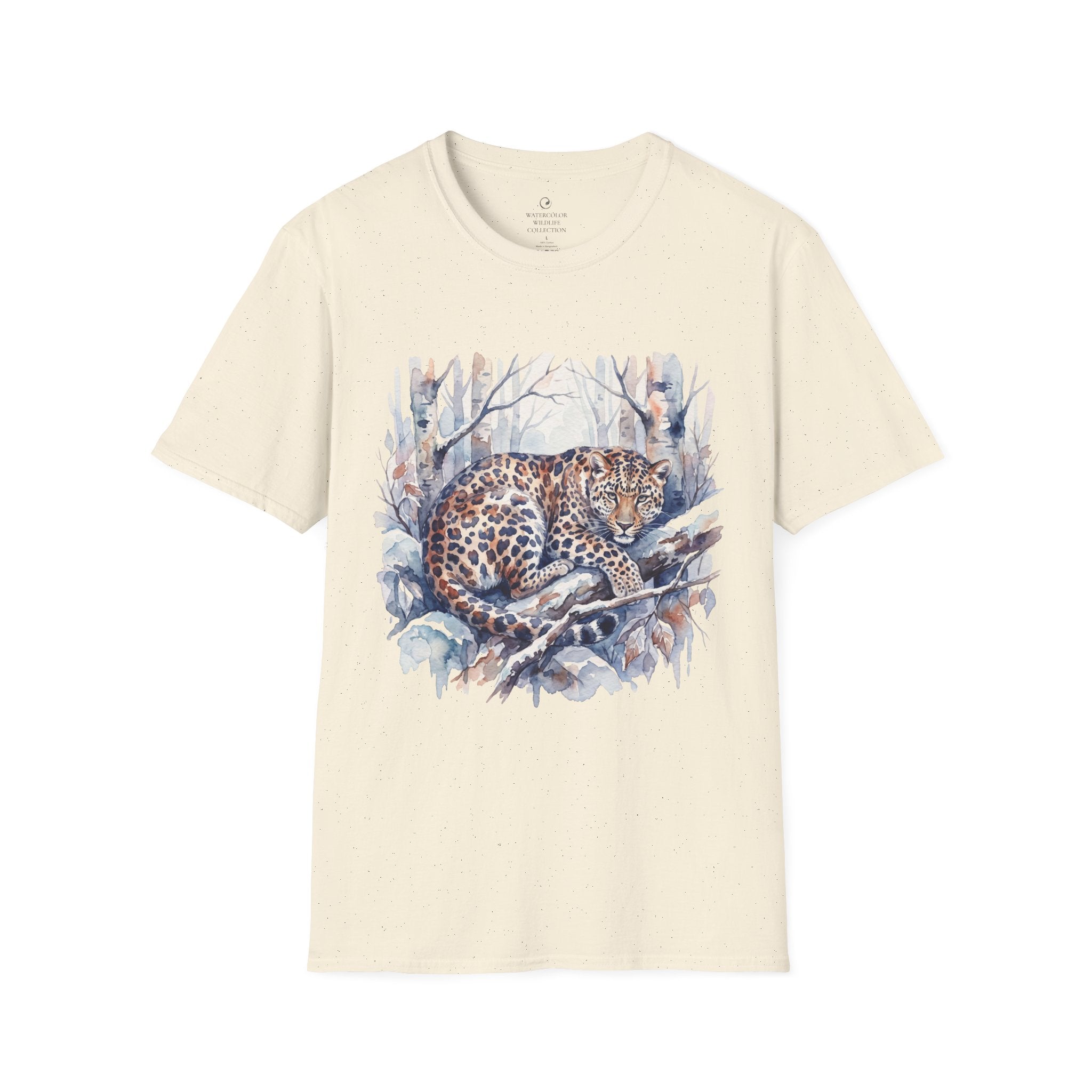 Leopard in Winter Forest T-Shirt — Watercolor Snow Leopard Graphic Tee