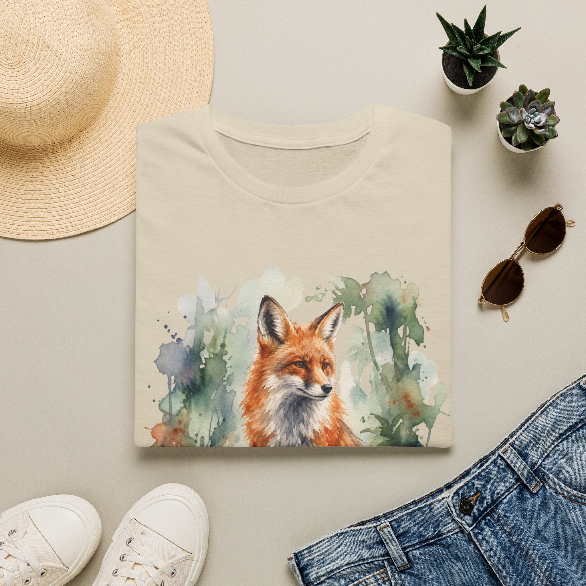 Watercolor Fox T-Shirt — Rustic 100% Cotton Graphic Tee