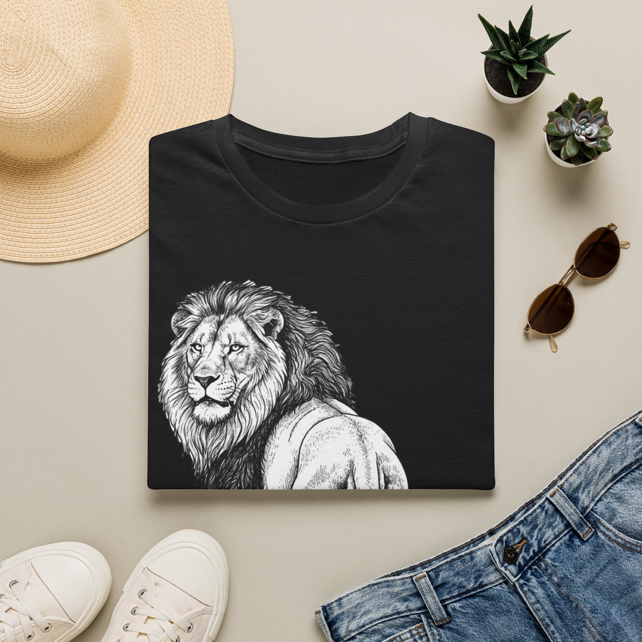 Lion Sketch T-Shirt — Detailed Black & White Lion Illustration Tee