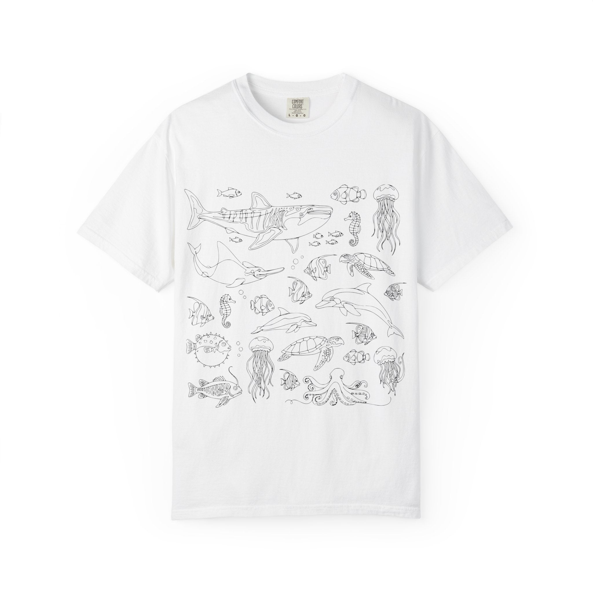 Ocean Life Illustration T-Shirt — Marine Creatures Line Art Tee