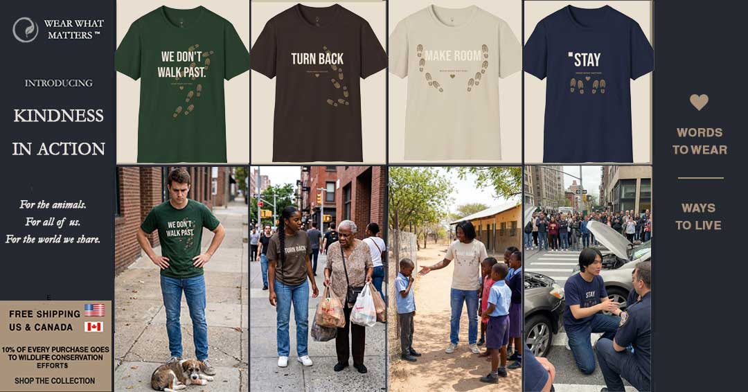A promotional collage for a t-shirt collection showing four shirt colorways across the top and four lifestyle photos below. The shirts include green, brown, cream, and navy options with text like 'WALK PAST', 'TURN BACK', 'MAKE ROADS', and 'STAY'.