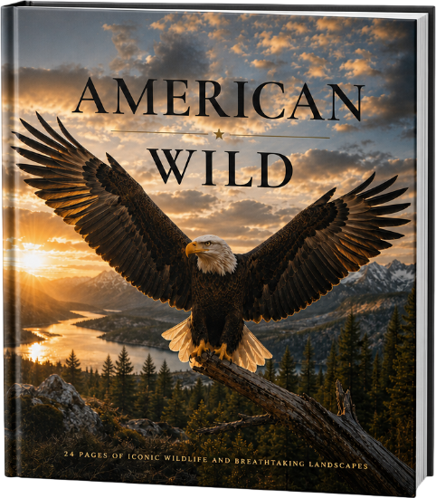 A hardcover book titled "AMERICAN WILD" shown at a slight angle, featuring a large bald eagle perched on a log over a mountain lake at sunset on the cover.
