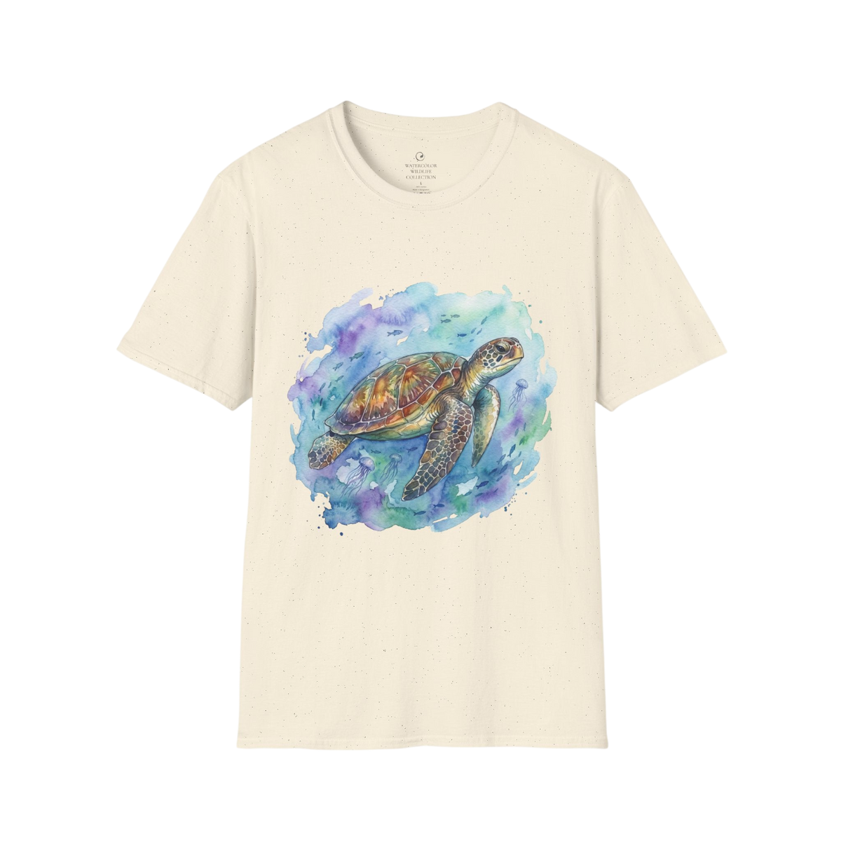 An off-white short-sleeve crewneck t-shirt featuring a colorful watercolor graphic of a sea turtle swimming in blue and purple water, displayed against a solid white background.
