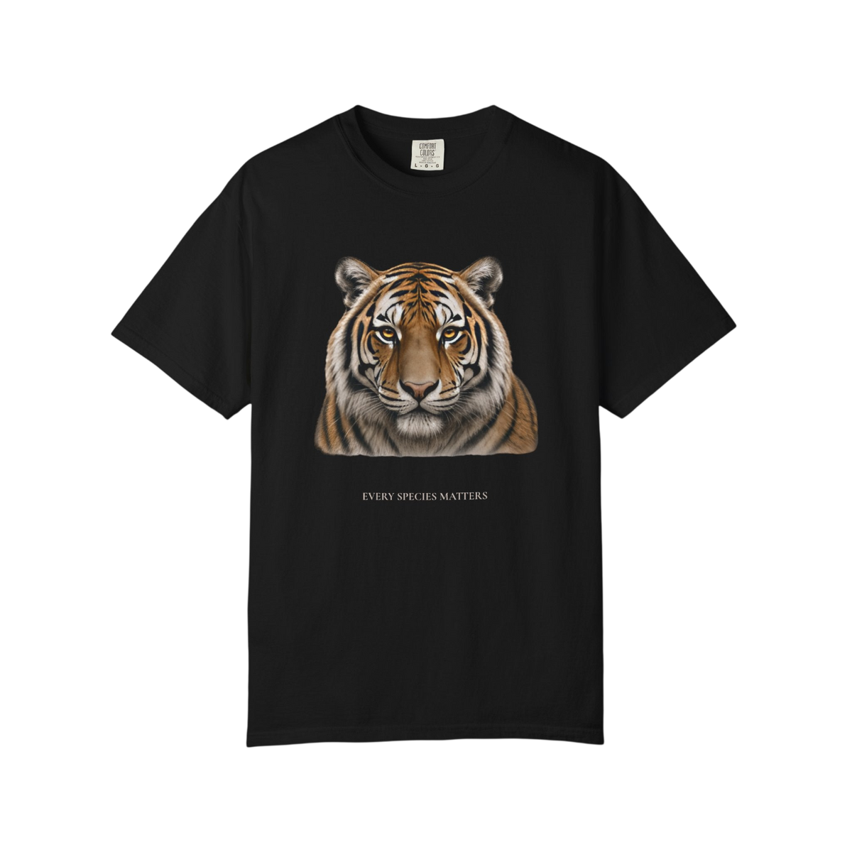 A black short-sleeve crewneck t-shirt featuring a detailed graphic of a tiger's face on the chest, with the text 'EVERY SPECIES MATTERS' printed below it.