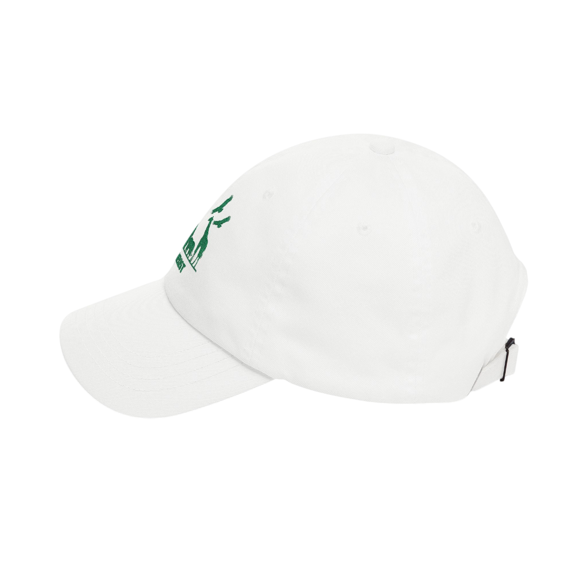 A white baseball cap with a green embroidered logo on the side, shown from a three-quarters angle against a solid white background.