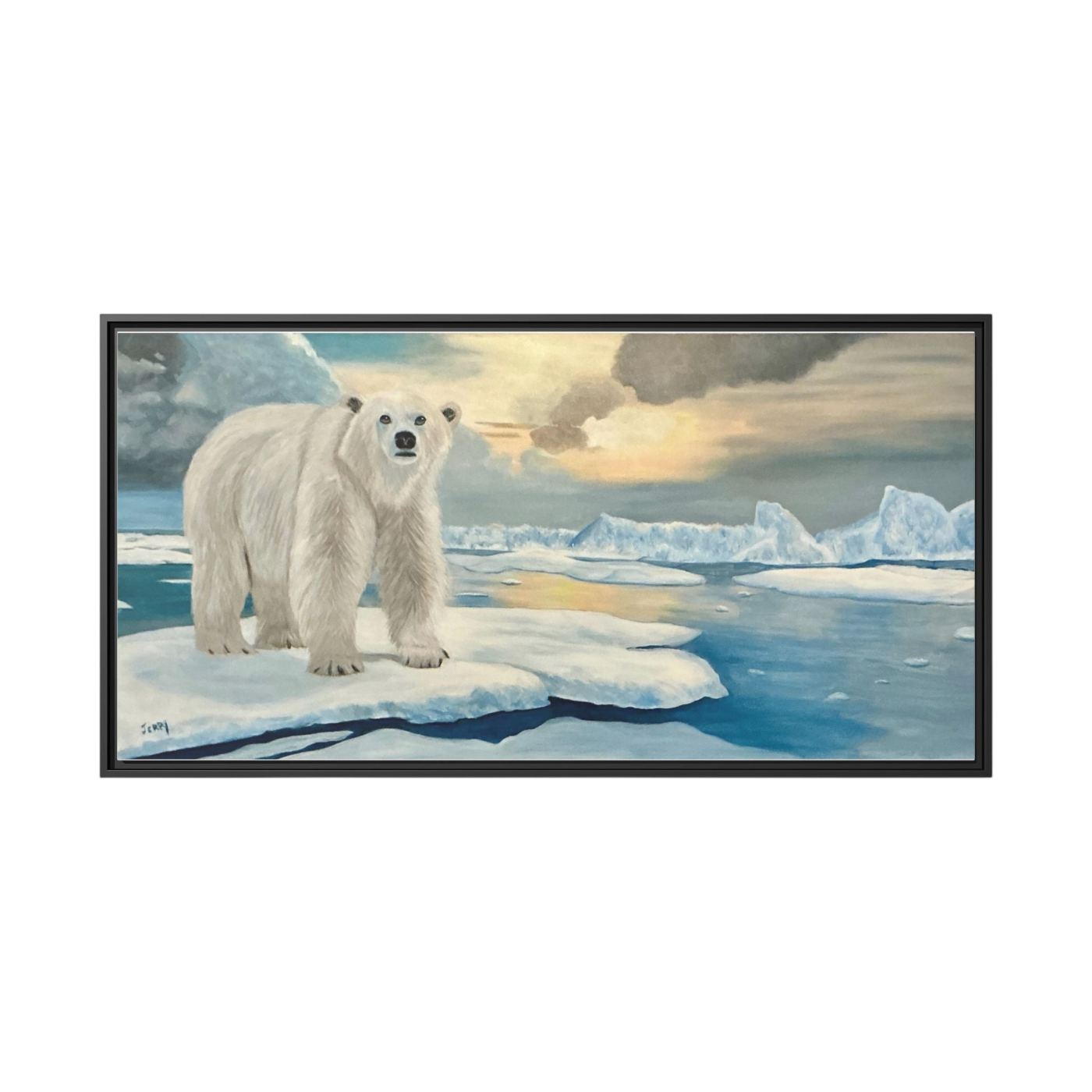 A framed landscape painting of a polar bear standing on an iceberg in icy blue water under a cloudy sky, shown against a plain white background.