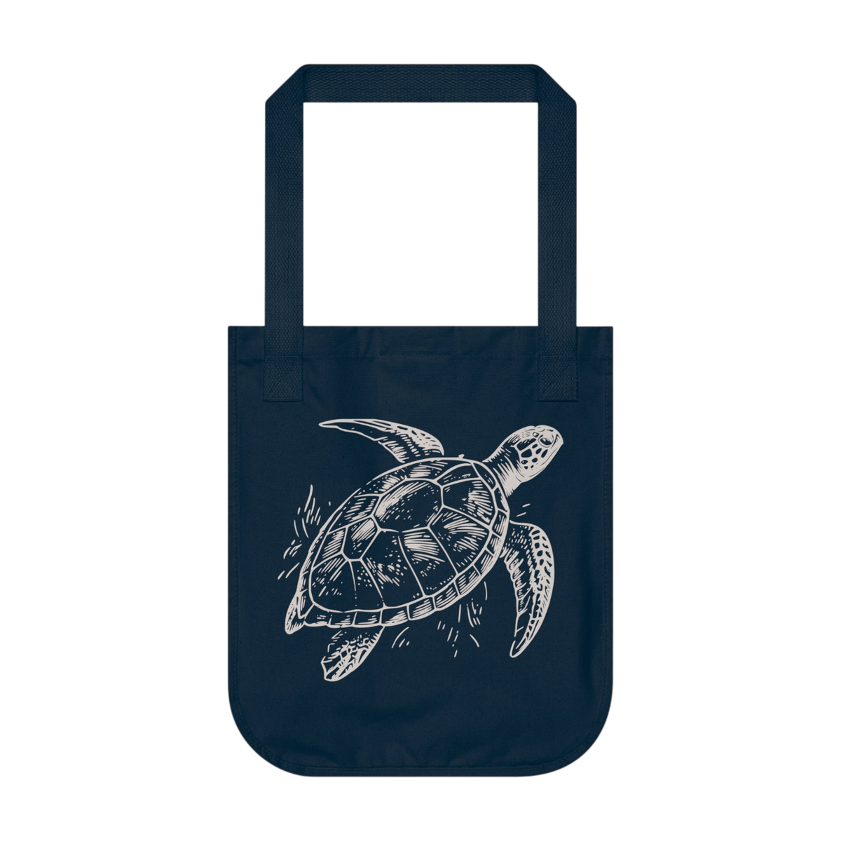 A dark navy blue tote bag with a white line art illustration of a sea turtle on the front, shown against a plain white background.