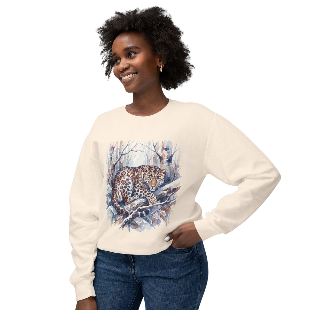 Leopard in Snow Crewneck Sweatshirt — Watercolor Snowy Leopard Graphic