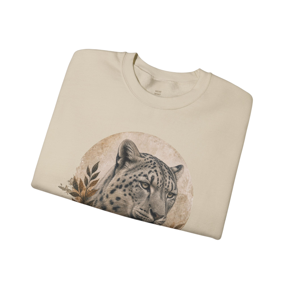 Snow Leopard Big Cats Crewneck Sweatshirt — Wildlife Graphic in Sand