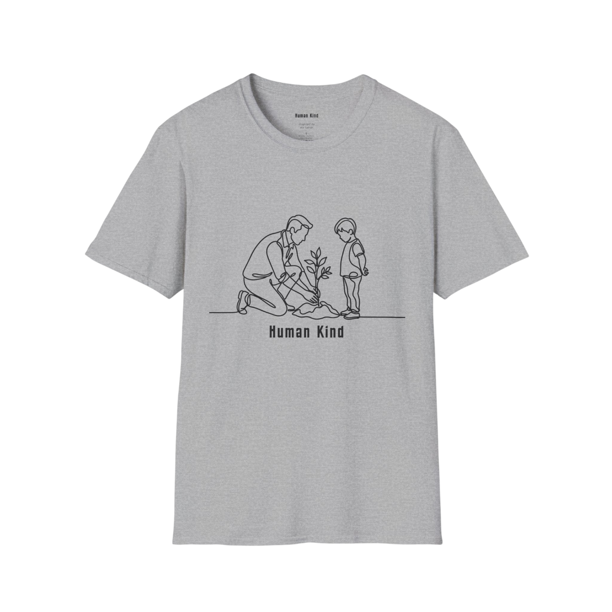 A light heather gray short-sleeve crewneck t-shirt featuring a black line art graphic of an adult kneeling to help a child plant a tree, with the text 'Human Kind' printed below.