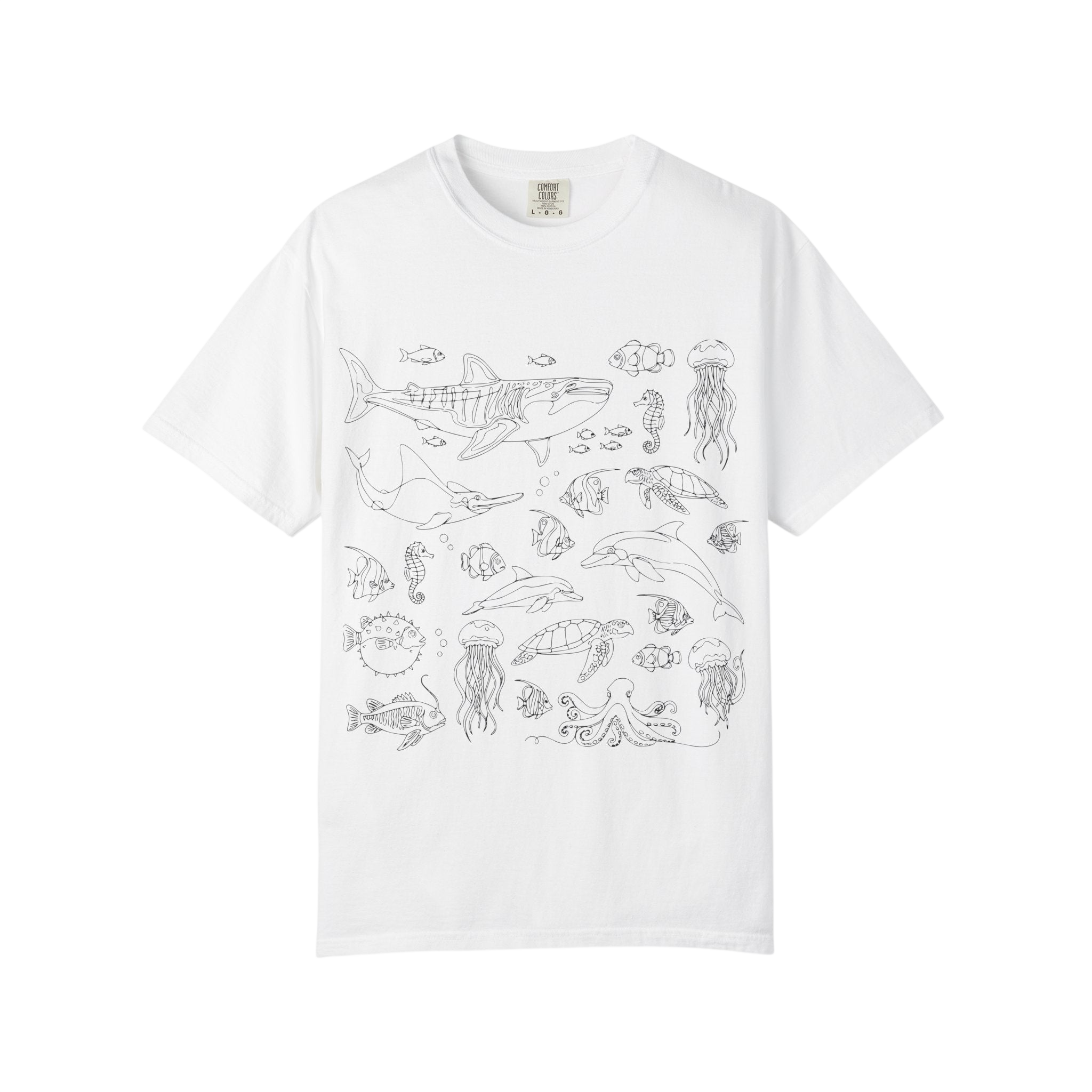 Ocean Life Illustration T-Shirt — Marine Creatures Line Art Tee