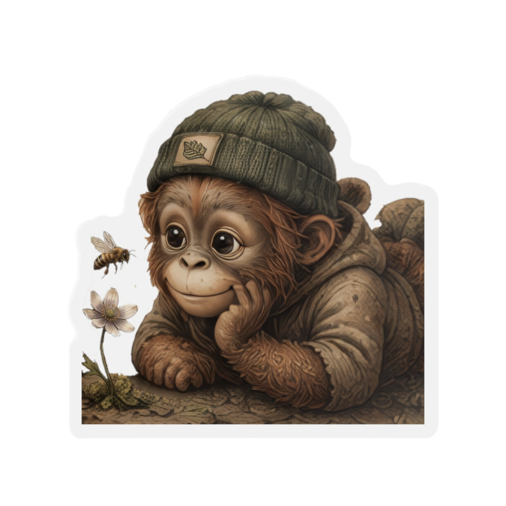 A die-cut sticker featuring a cute cartoon baby orangutan wearing a green knit beanie and brown jacket, lying on a log with a bee and small flowers nearby, shown on a plain white background.
