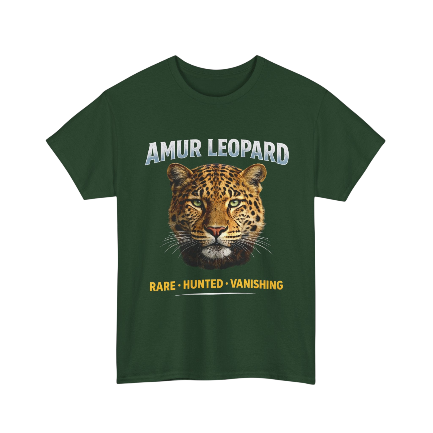 A dark green short-sleeve t-shirt featuring a graphic print of an amur leopard with the text 'AMUR LEOPARD' above and 'RARE - HUNTED - VANISHING' below.
