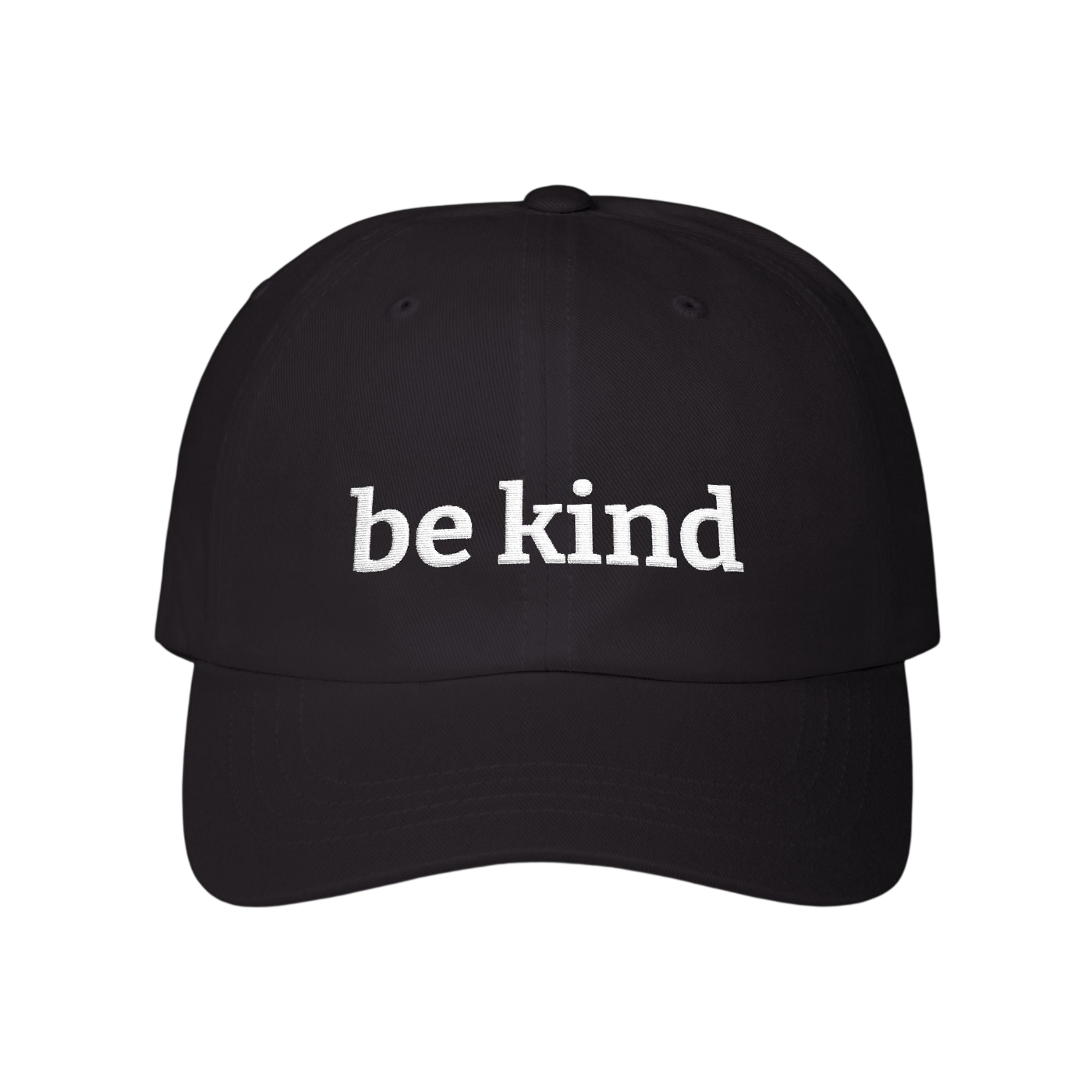 A black baseball cap with the phrase 'be kind' printed in white lowercase serif letters across the front, shown against a plain white background.