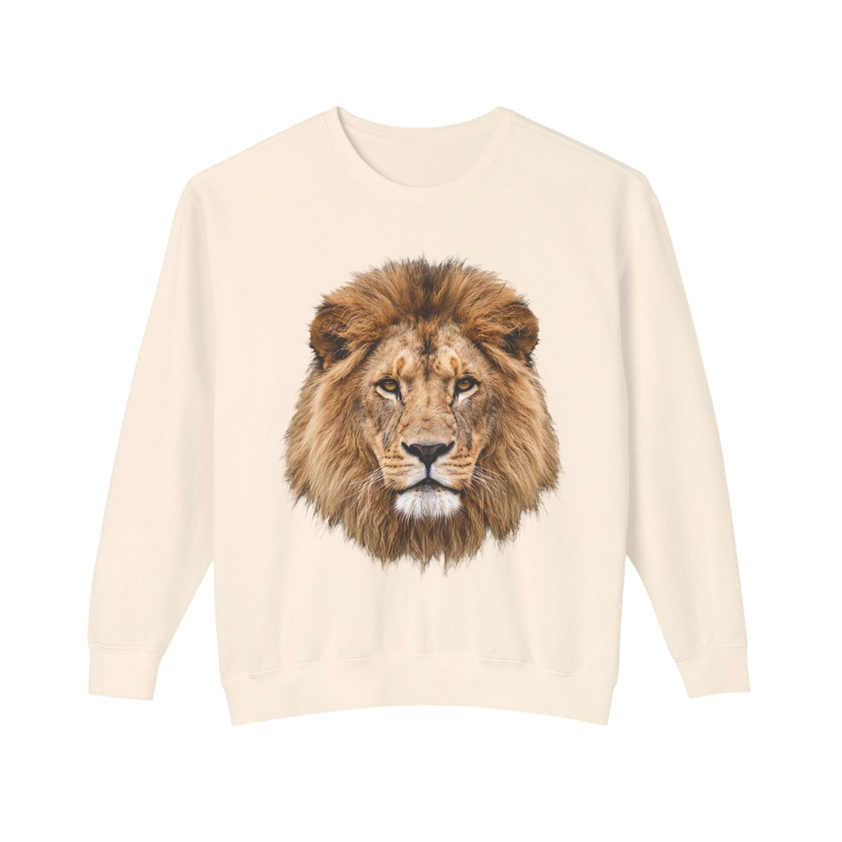 An off-white crewneck sweatshirt featuring a detailed graphic print of a male lion's head on the front, set against a plain white background.