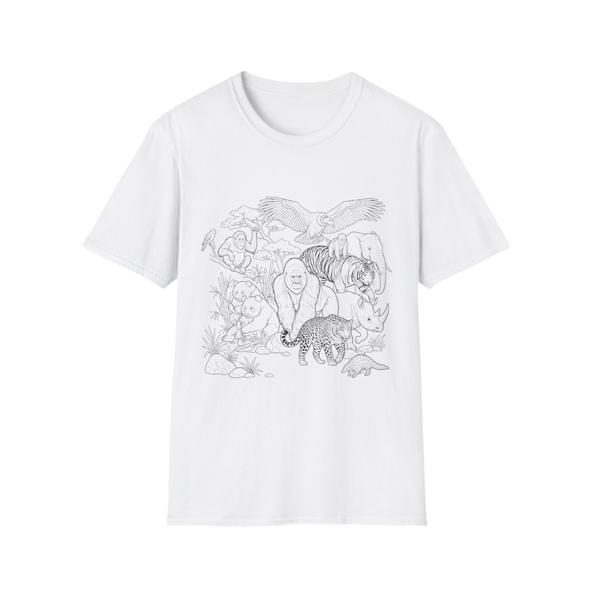 A white short-sleeve crewneck t-shirt featuring a black line art graphic of various animals, including a tiger, lion, elephant, eagle, and leopard, on the front chest.
