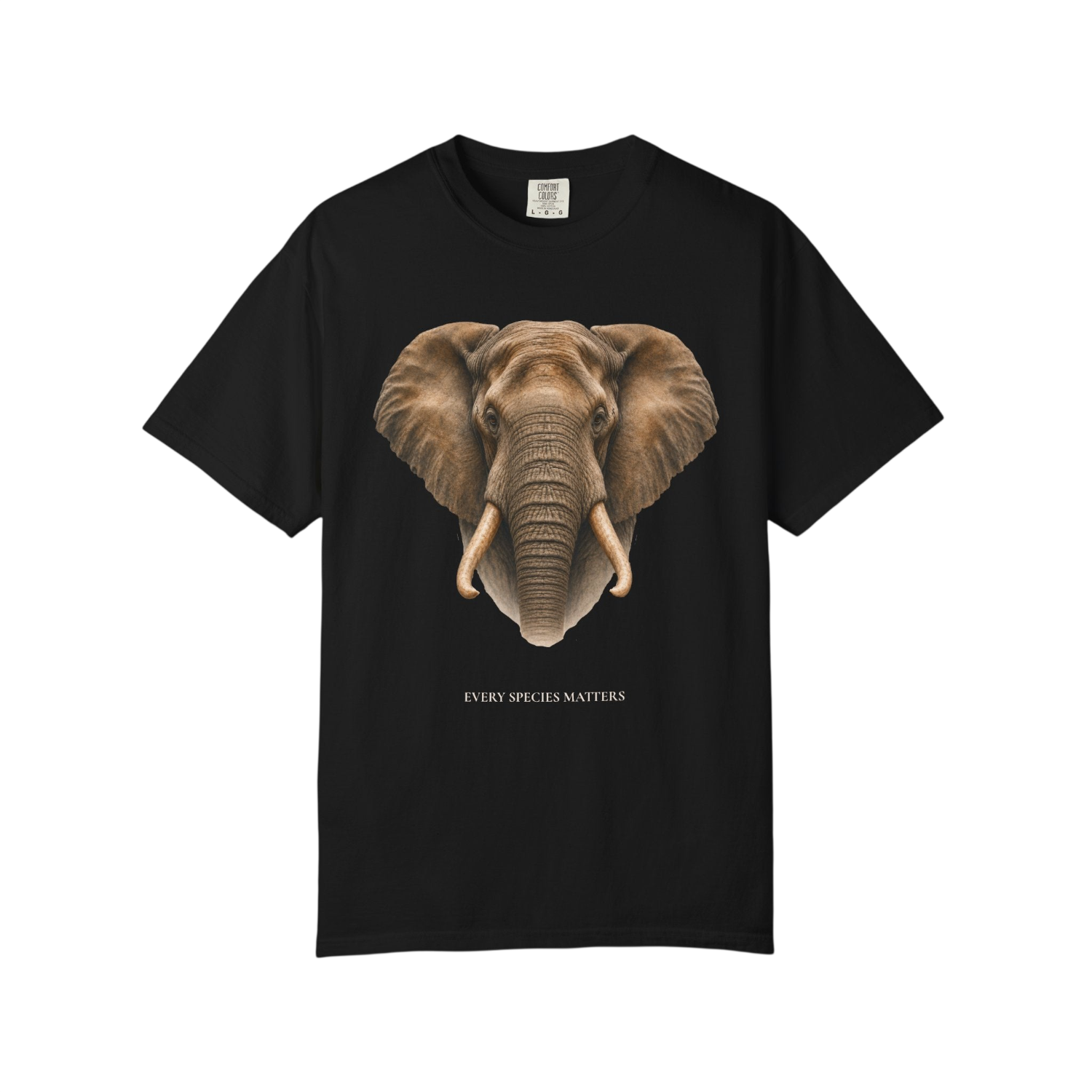 A black short-sleeve crewneck t-shirt featuring a detailed graphic print of an elephant's head on the chest, with the text 'EVERY SPECIES MATTERS' printed in small white letters below the graphic.