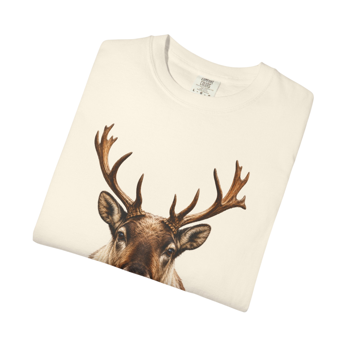 A folded cream-colored crewneck sweatshirt featuring a detailed graphic print of a caribou with large antlers on the front, set against a plain white background.