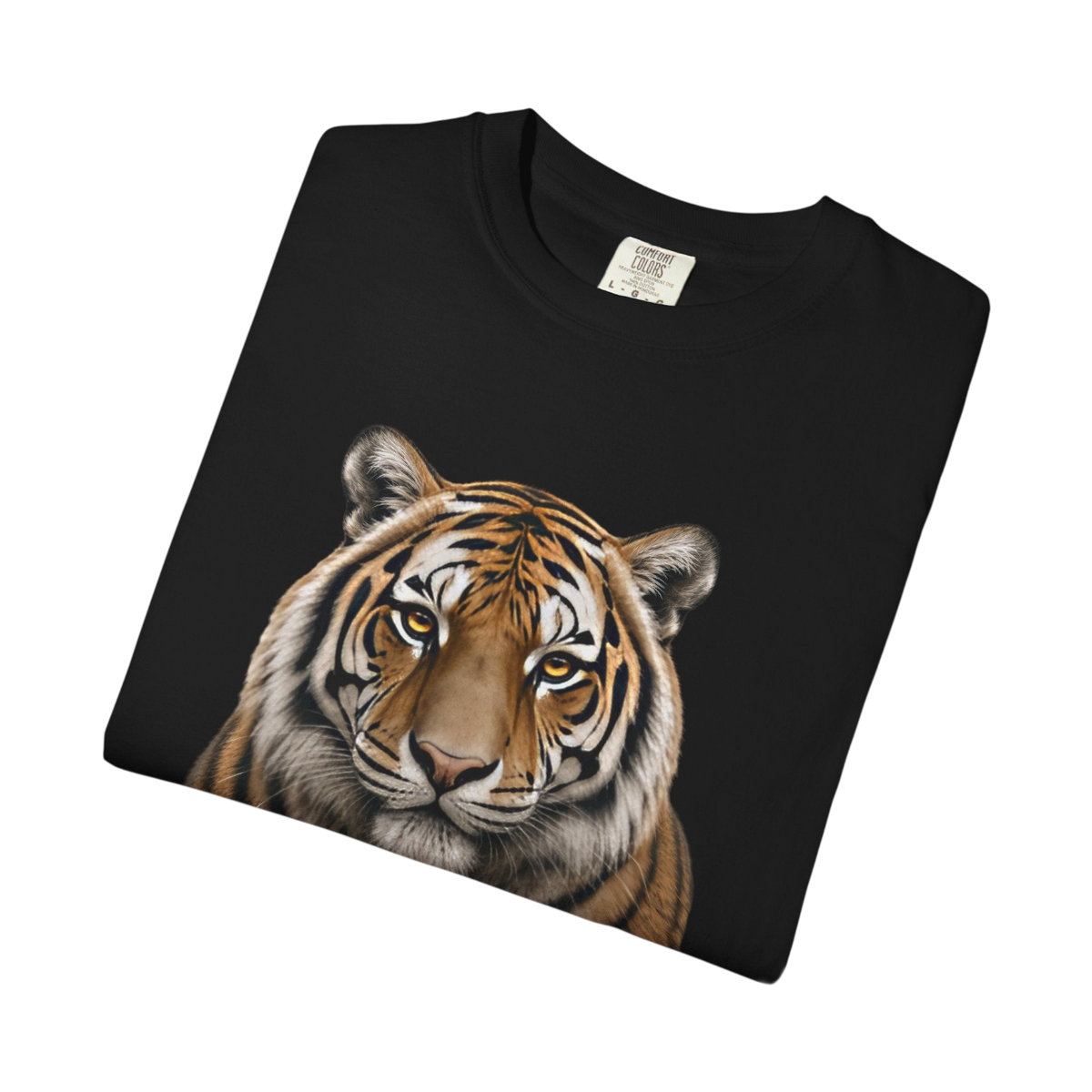 A folded black crewneck t-shirt featuring a detailed graphic print of a tiger's face on the front, displayed on a clean white background.
Details