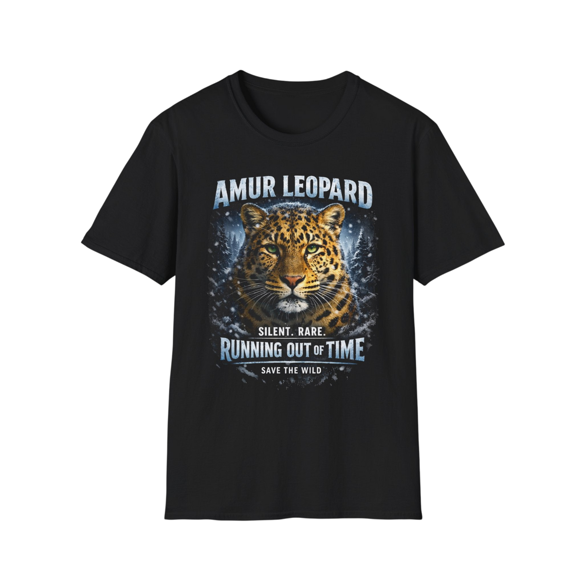 A black short-sleeve crewneck t-shirt featuring a graphic print of an amur leopard with the text 'AMUR LEOPARD' and 'SILENT, RARE, RUNNING OUT OF TIME' on a white background.
