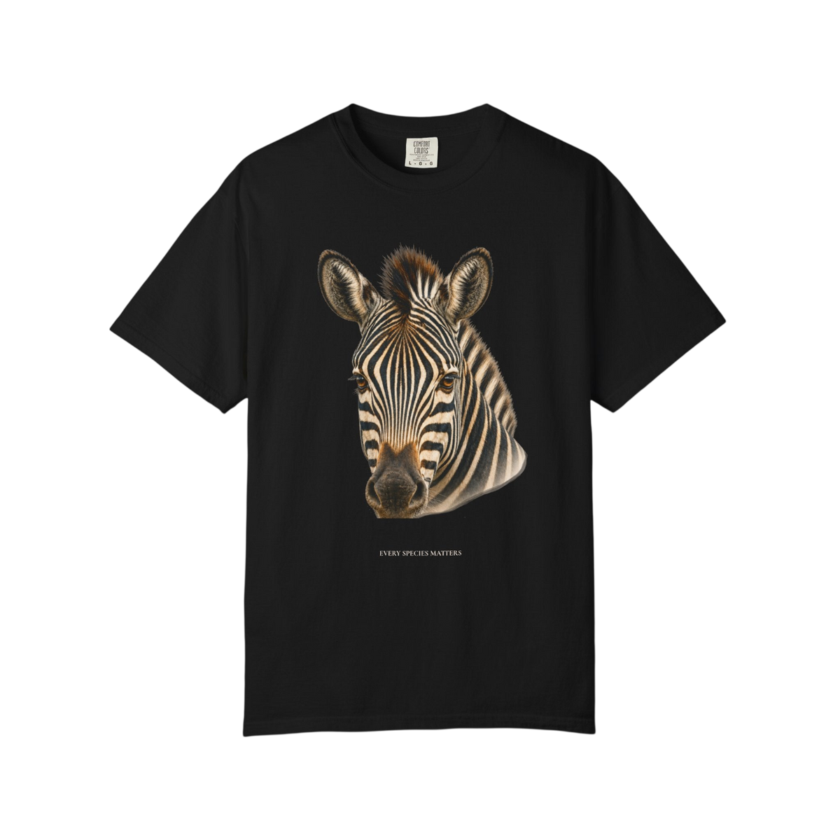 A black short-sleeve crewneck t-shirt featuring a detailed graphic print of a zebra's head on the front, set against a plain white background.