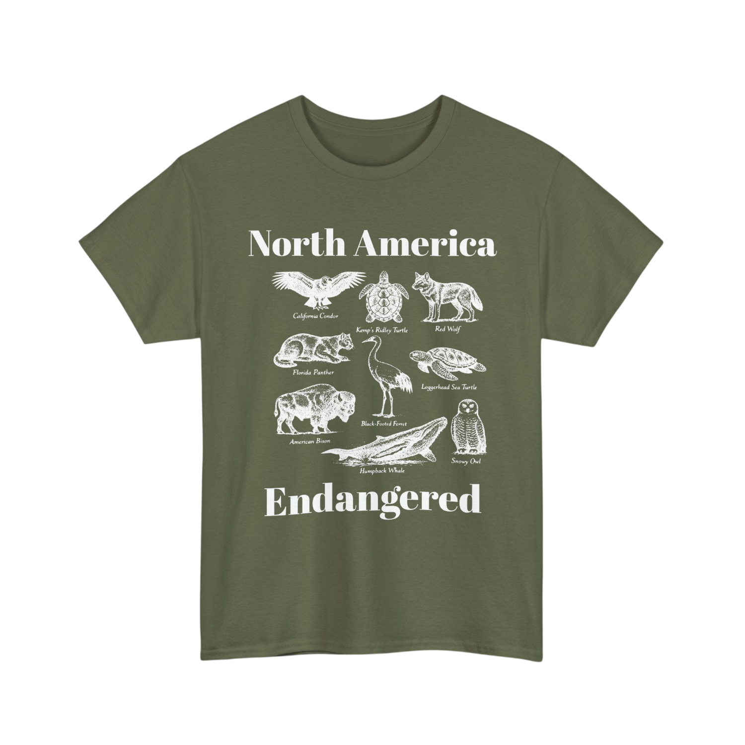 An olive green short-sleeve t-shirt with a white graphic print on the front. The graphic features illustrations of various endangered animals across North America, with the text 'North America Endangered' in white.