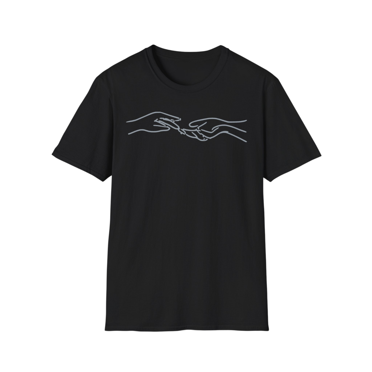 A black short-sleeve crewneck t-shirt featuring a minimalist white line art graphic of two hands reaching toward each other on the chest, displayed against a solid white background.