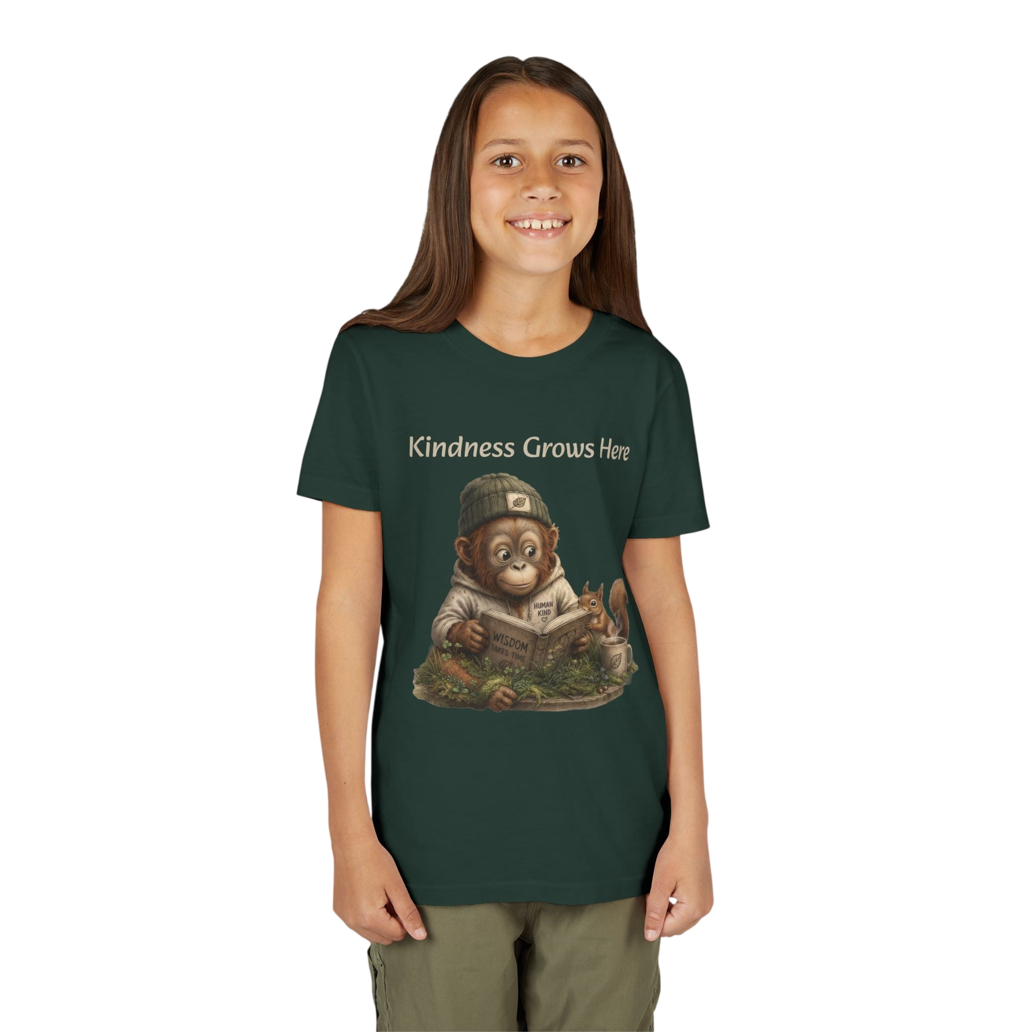 Youth Tee — "Kindness Grows Here" Orrie & Squirrel Nature Graphic