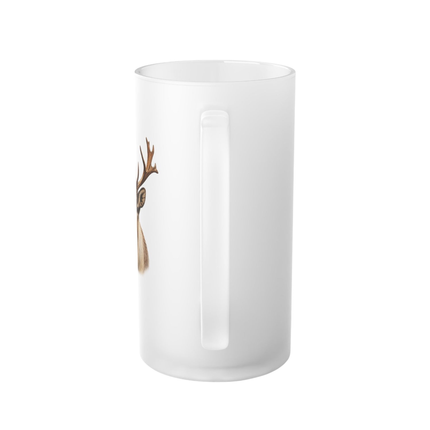 A frosted glass mug with a vertical handle and a partial brown deer illustration on the side, shown against a plain white background.