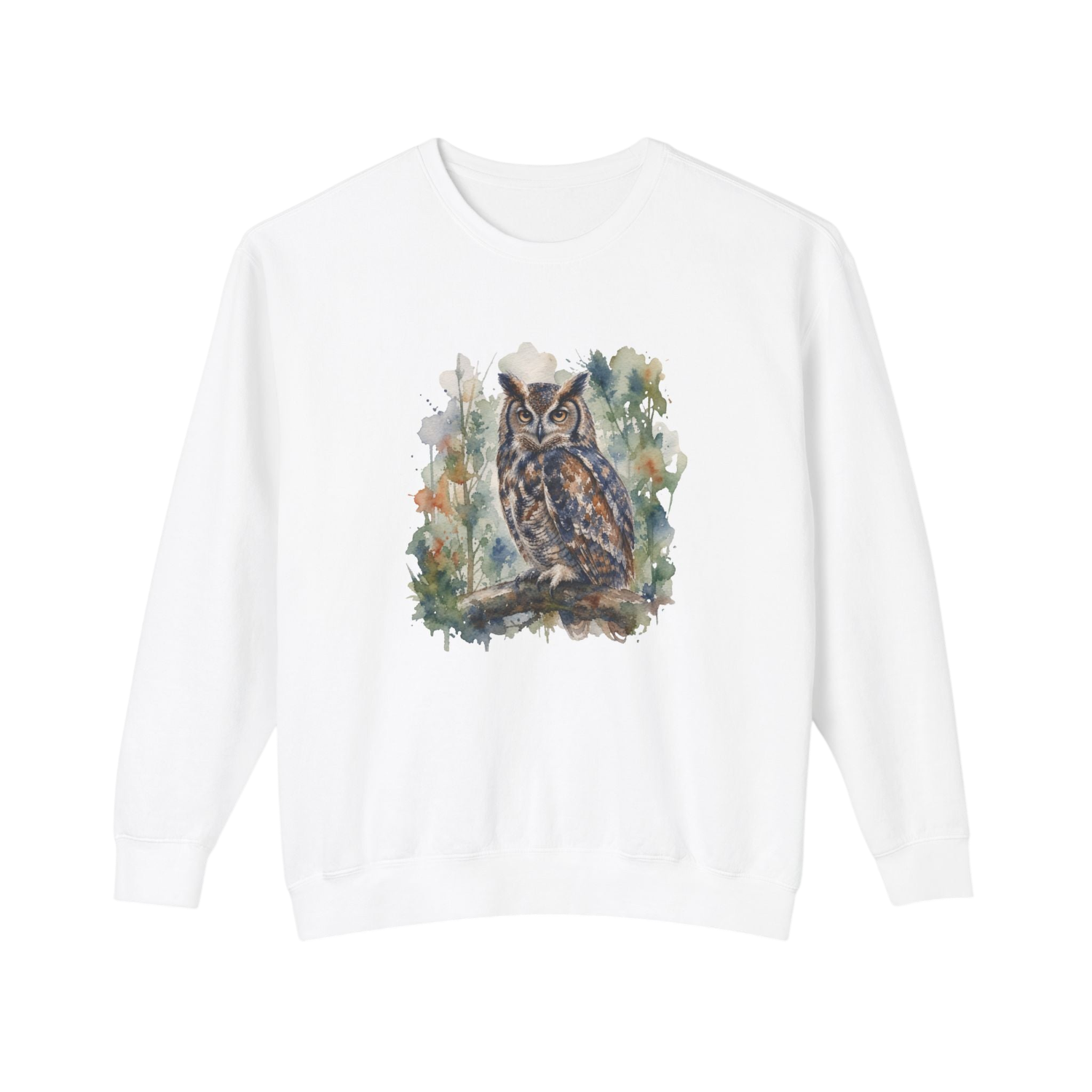 A white crewneck sweatshirt featuring a detailed watercolor graphic of a brown owl perched on a branch with green and blue foliage.