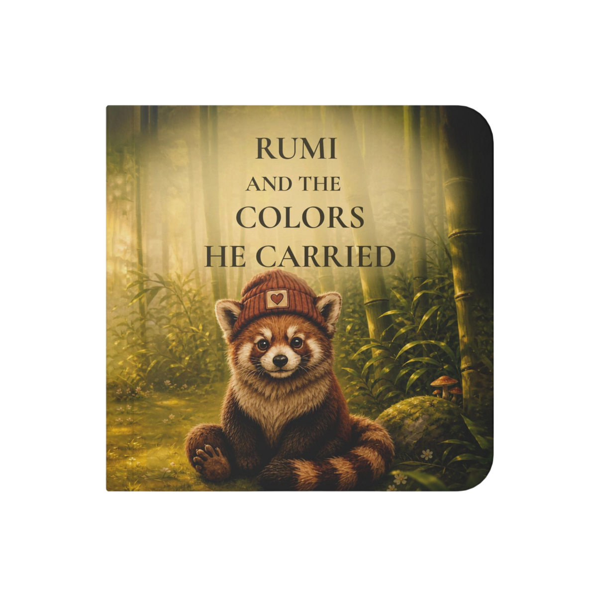 A square art print or book cover featuring a red panda sitting in a misty green forest, with the text 'RUMI AND THE COLORS HE CARRIED' above it. The design has rounded corners and is shown centered on a plain white background.
