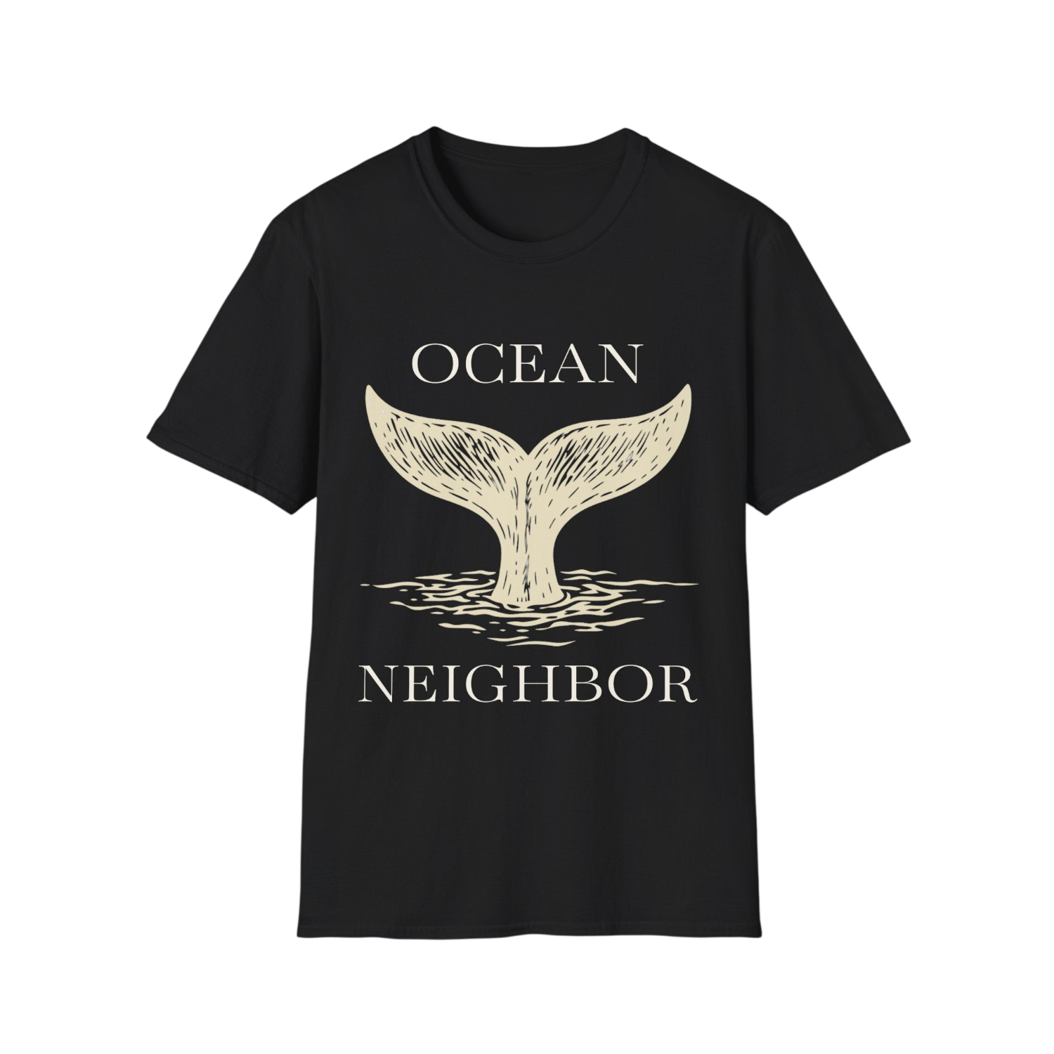 A black short-sleeve crewneck t-shirt featuring a cream-colored graphic of a whale tail with the words 'OCEAN' above and 'NEIGHBOR' below, displayed on a solid white background.