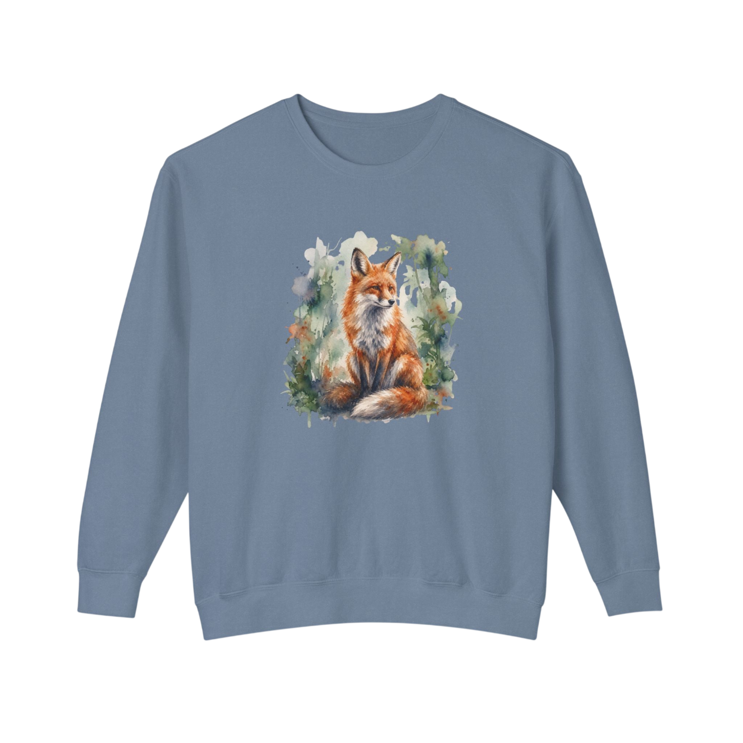 A dusty blue crewneck sweatshirt featuring a watercolor-style graphic of a red fox sitting amidst green foliage and white wildflowers on the front, displayed against a solid white background.
