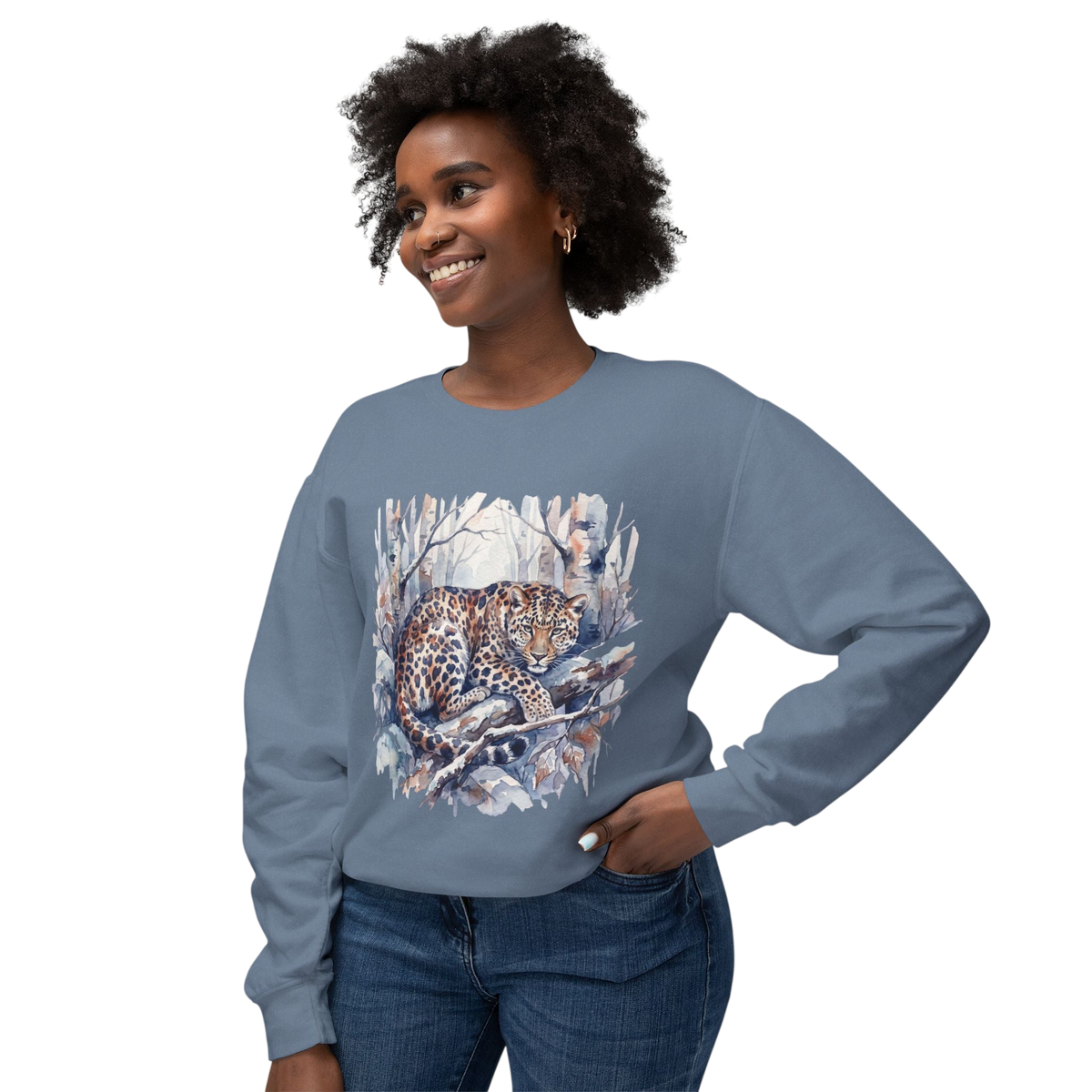 Leopard in Snow Crewneck Sweatshirt — Watercolor Snowy Leopard Graphic
